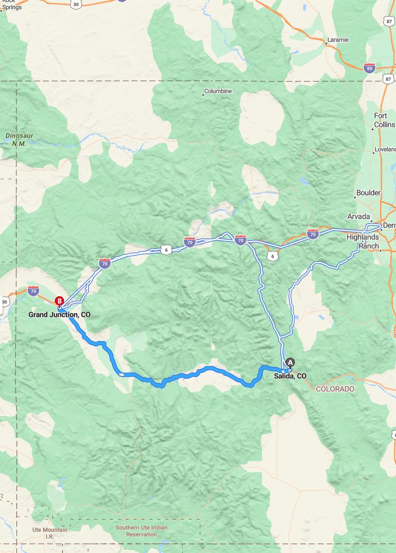 driving from Salida, Colorado to Grand JunctionColorado - map and route