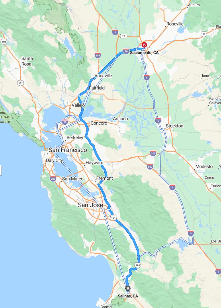 driving from Salinas, California to SacramentoCalifornia - map and route