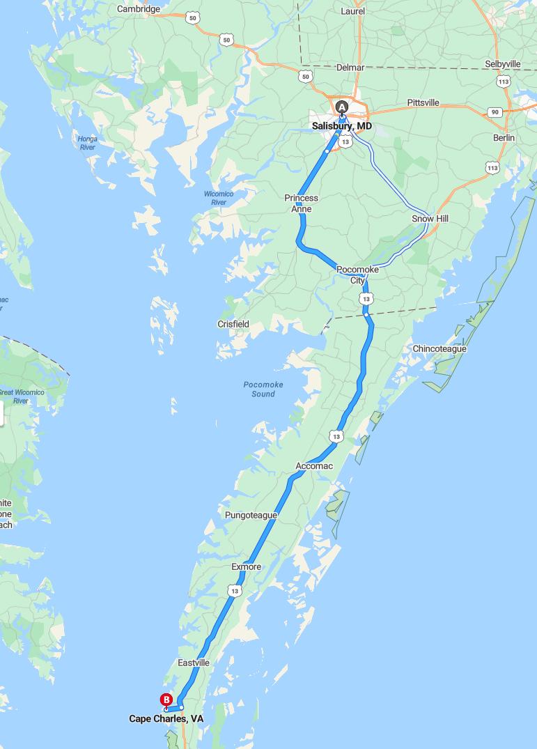 driving from Salisbury, Maryland to Cape CharlesVirginia - map and route