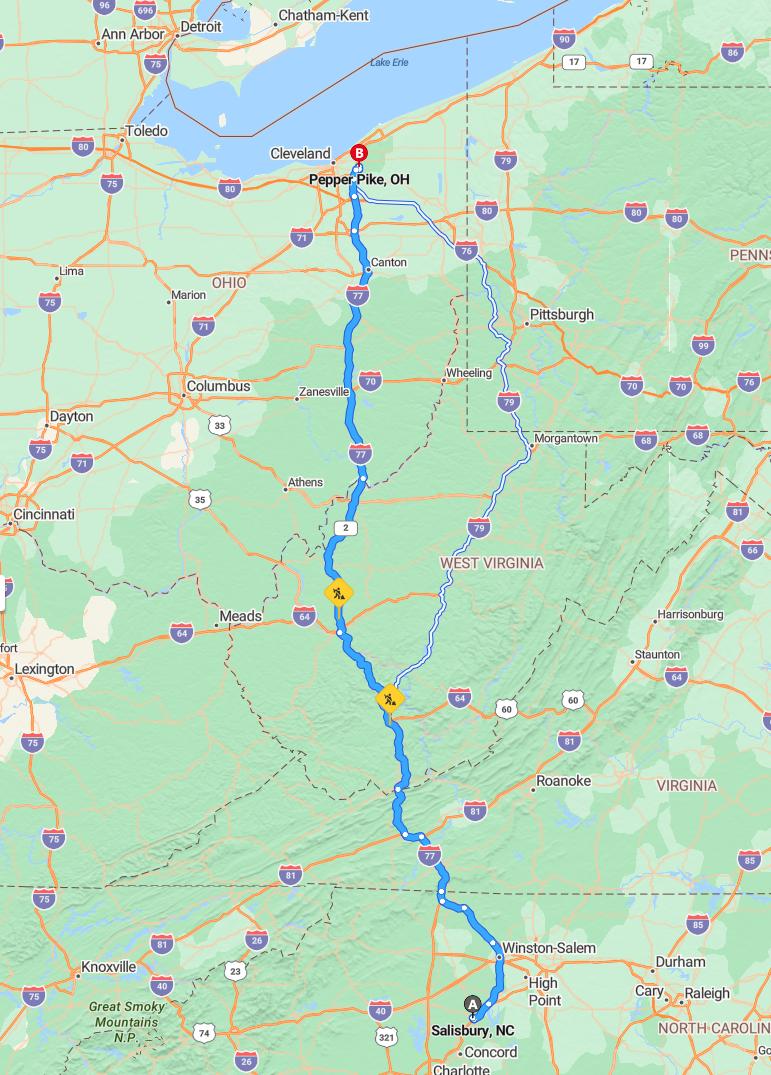 driving from Salisbury, North Carolina to Pepper PikeOhio - map and route