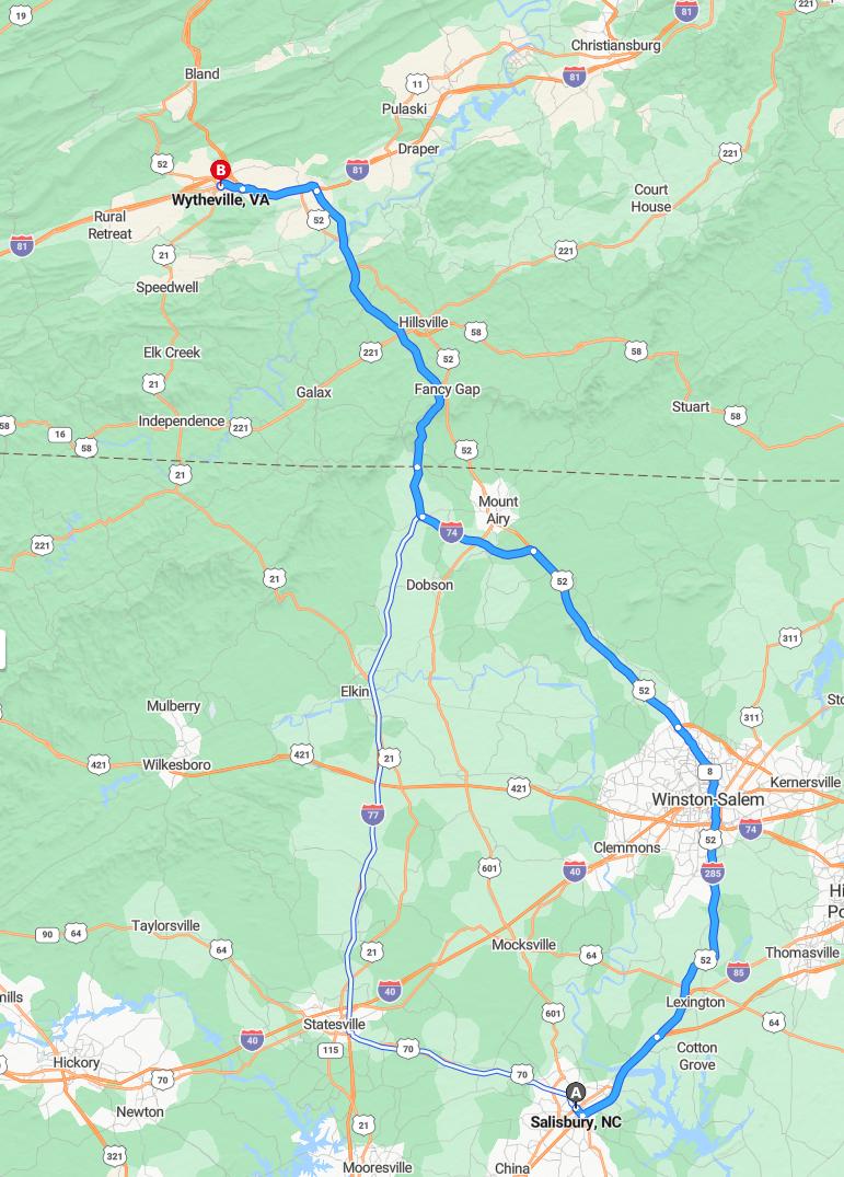 driving from Salisbury, North Carolina to WythevilleVirginia - map and route