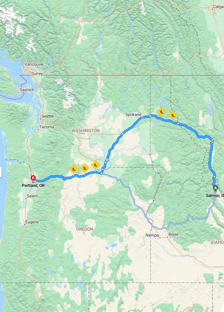 driving from Salmon, Idaho to PortlandOregon - map and route