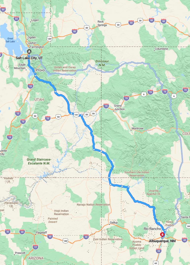 driving from Salt Lake City, Utah to AlbuquerqueNew Mexico - map and route