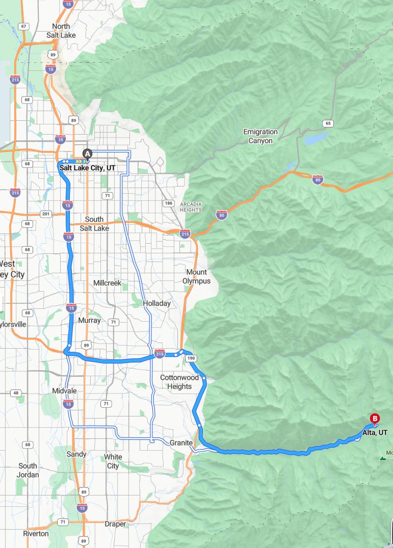 driving from Salt Lake City, Utah to AltaUtah - map and route
