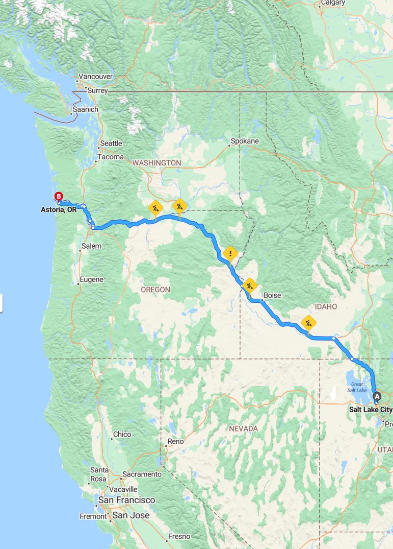 driving from Salt Lake City, Utah to AstoriaOregon - map and route