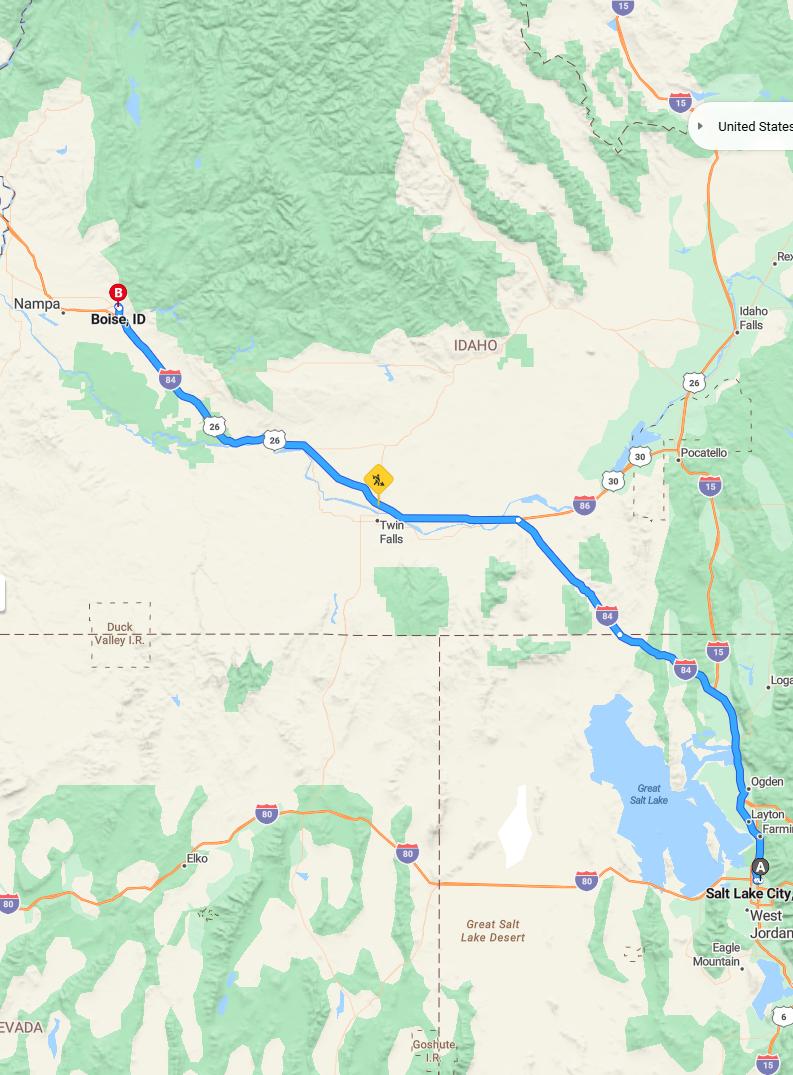 driving from Salt Lake City, Utah to BoiseIdaho - map and route