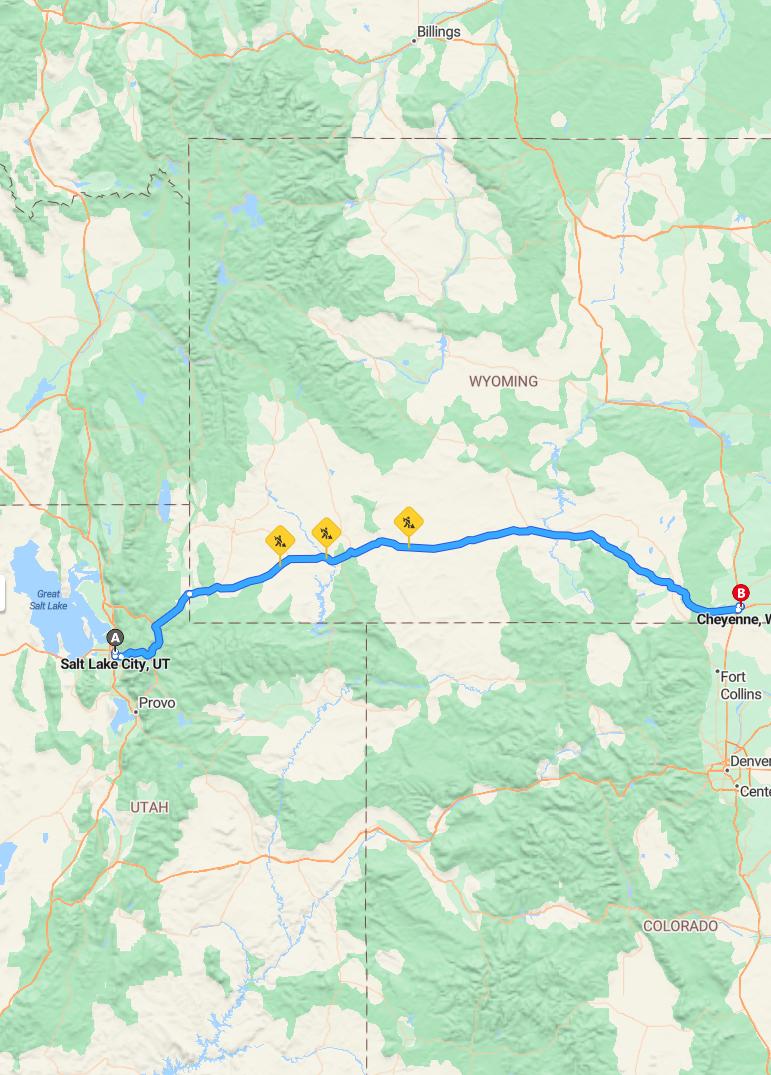 driving from Salt Lake City, Utah to CheyenneWyoming - map and route