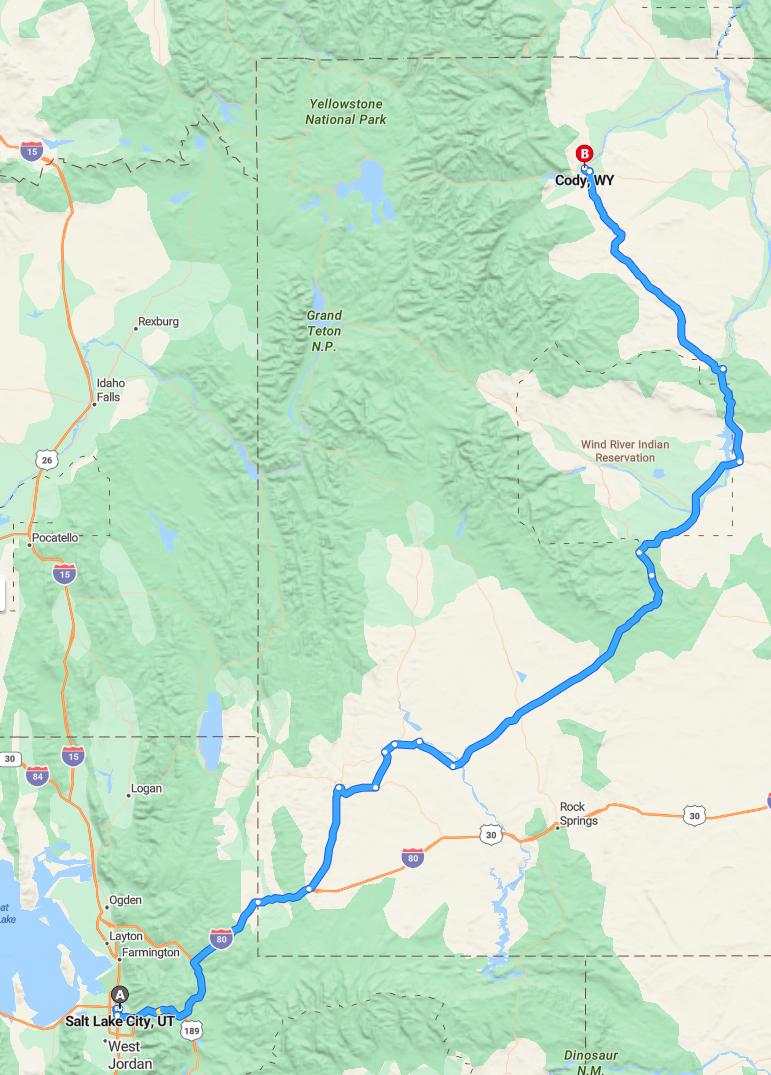 driving from Salt Lake City, Utah to CodyWyoming - map and route