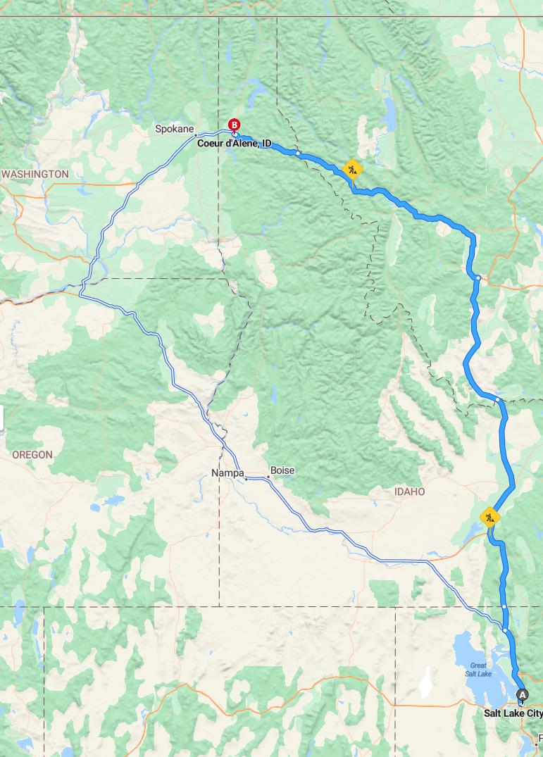 driving from Salt Lake City, Utah to Coeur d'AleneIdaho - map and route