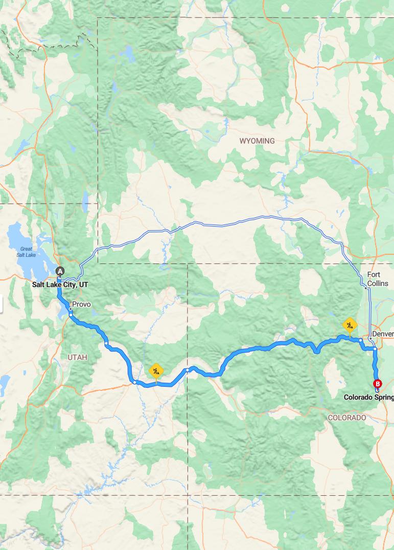 driving from Salt Lake City, Utah to Colorado SpringsColorado - map and route