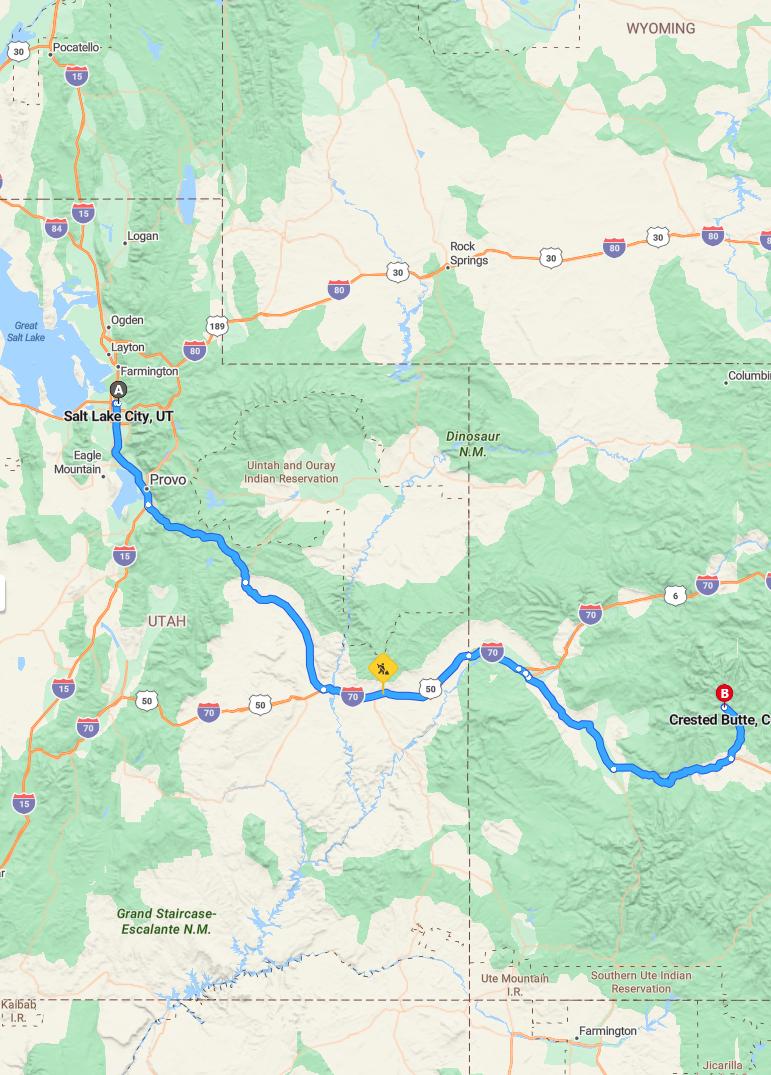 driving from Salt Lake City, Utah to Crested ButteColorado - map and route