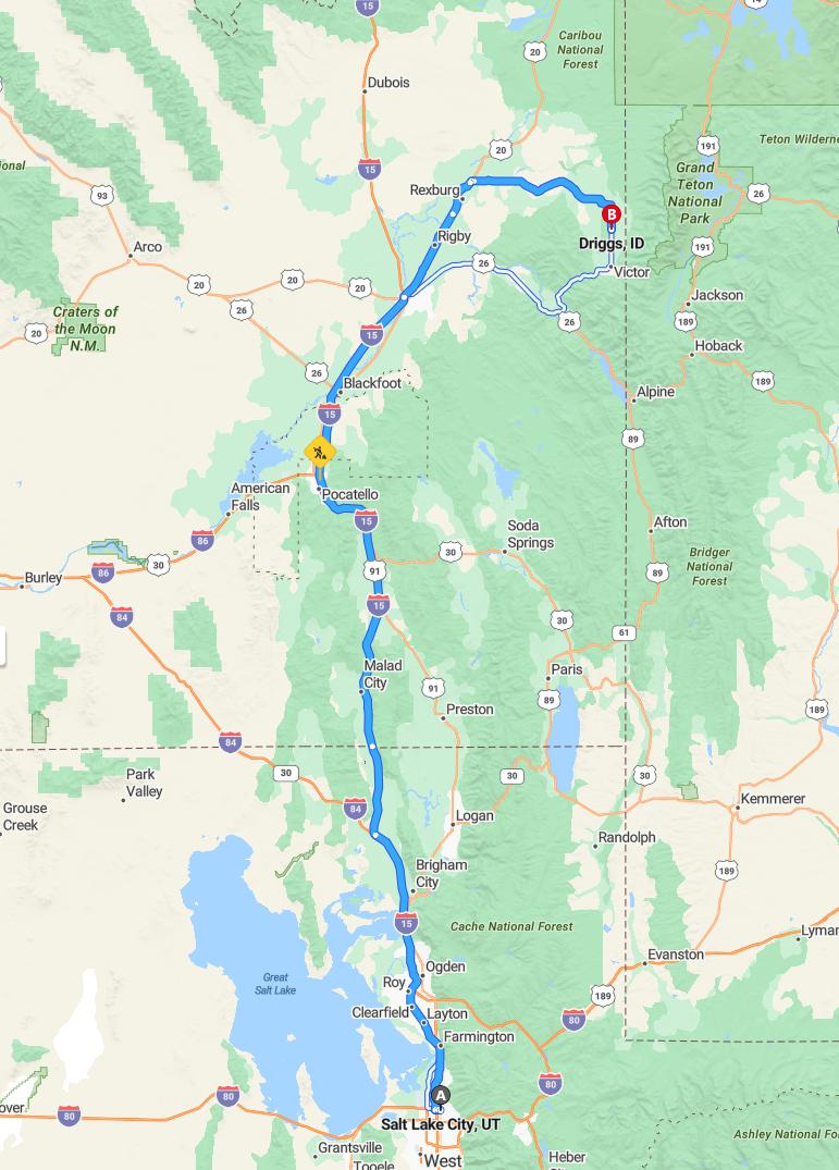 driving from Salt Lake City, Utah to DriggsIdaho - map and route