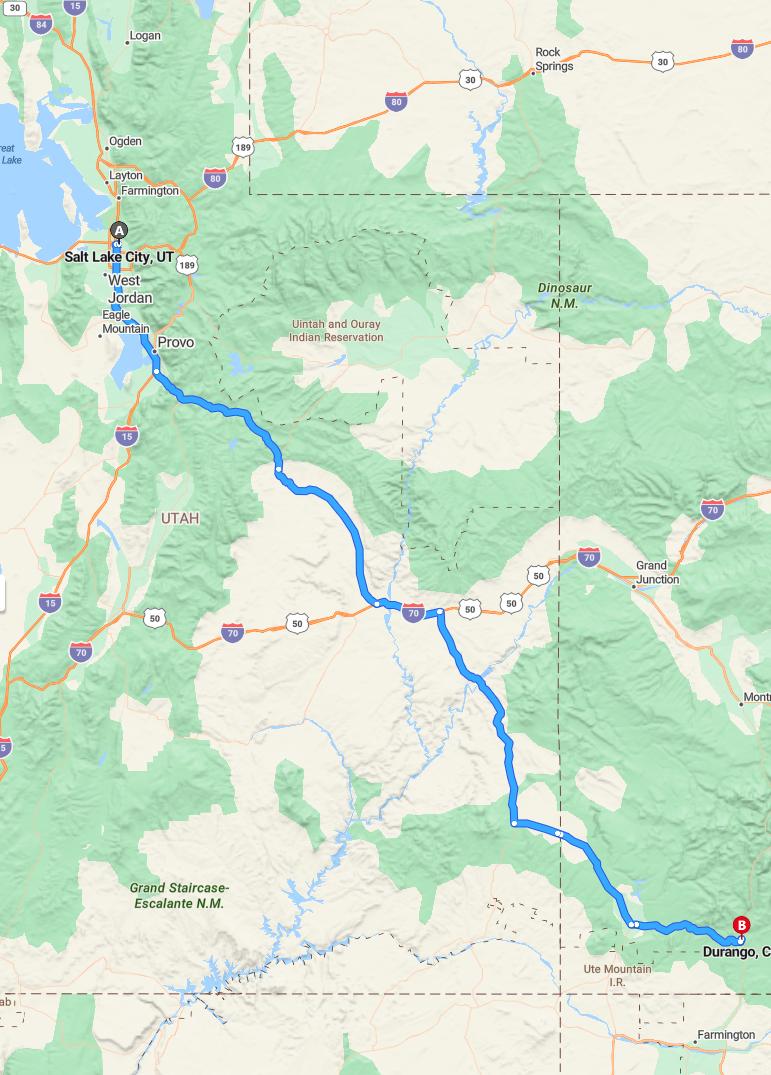 driving from Salt Lake City, Utah to DurangoColorado - map and route