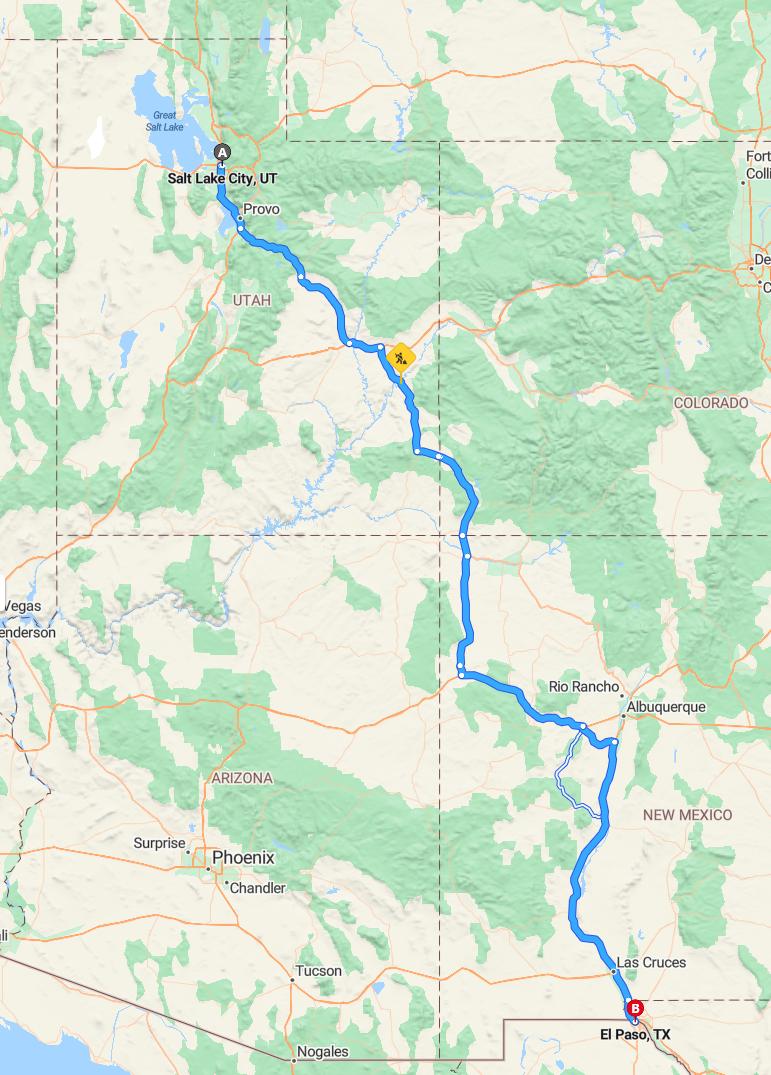 driving from Salt Lake City, Utah to El PasoTexas - map and route