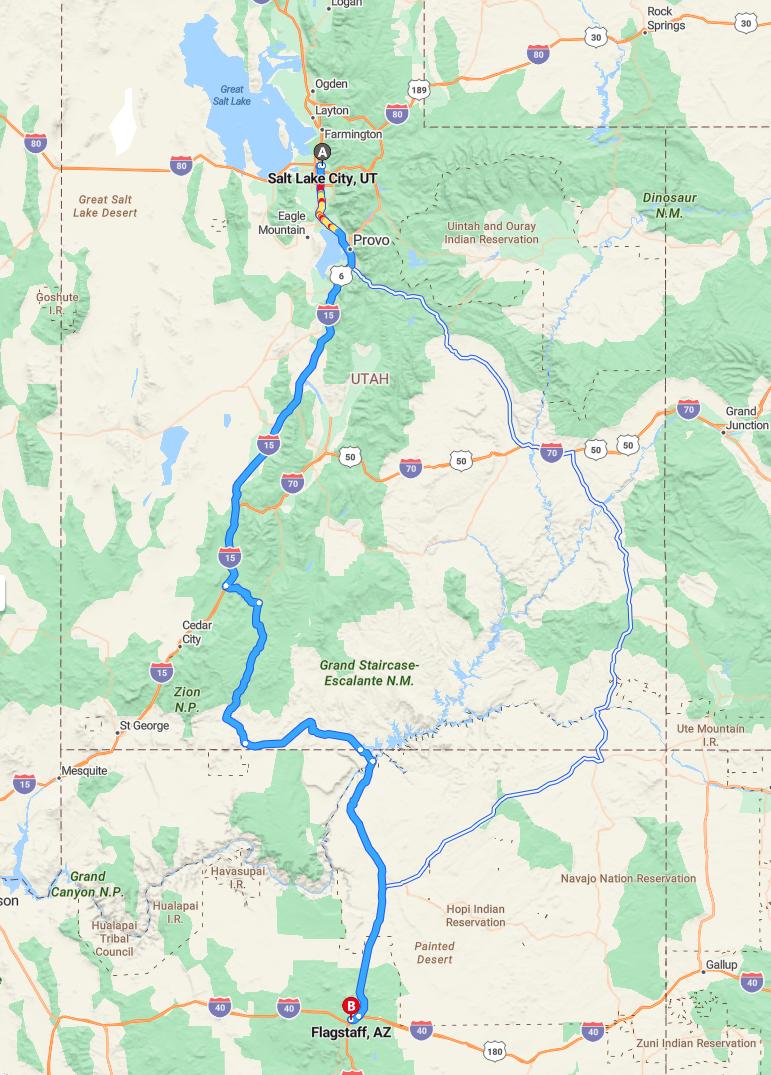 driving from Salt Lake City, Utah to FlagstaffArizona - map and route
