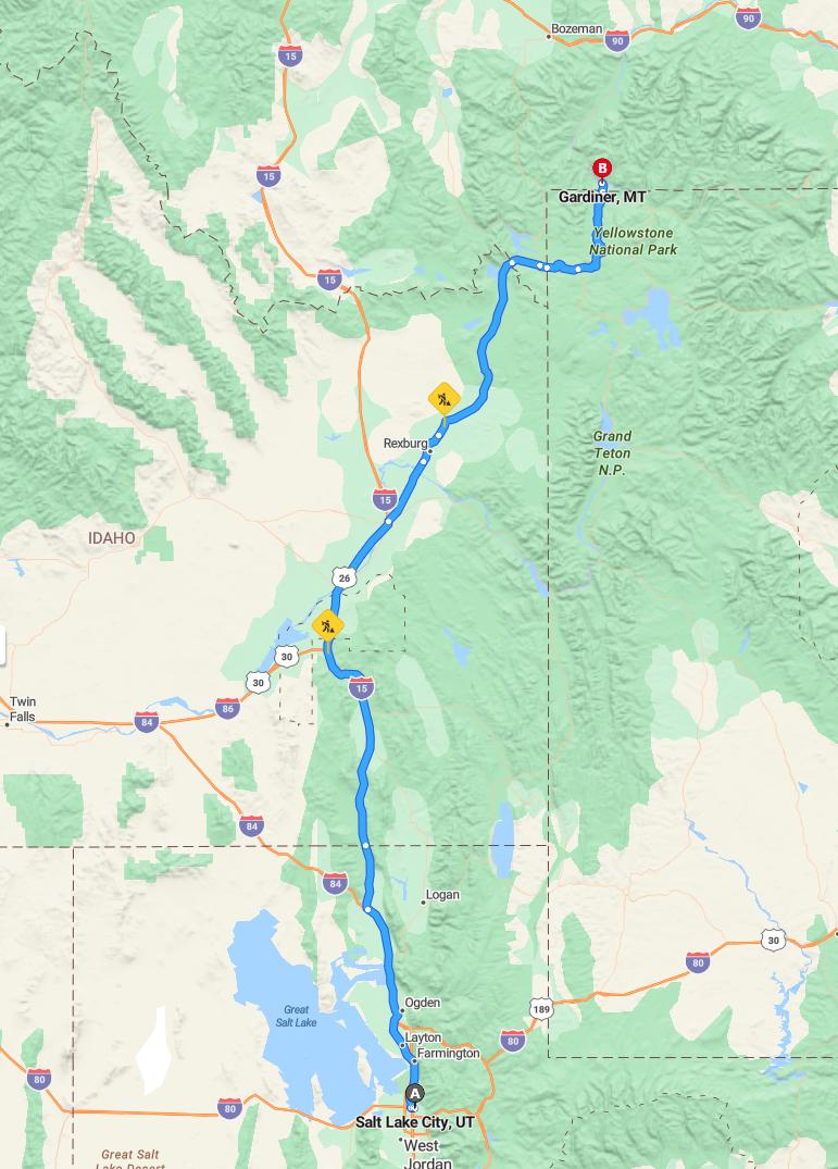 driving from Salt Lake City, Utah to GardinerMontana - map and route