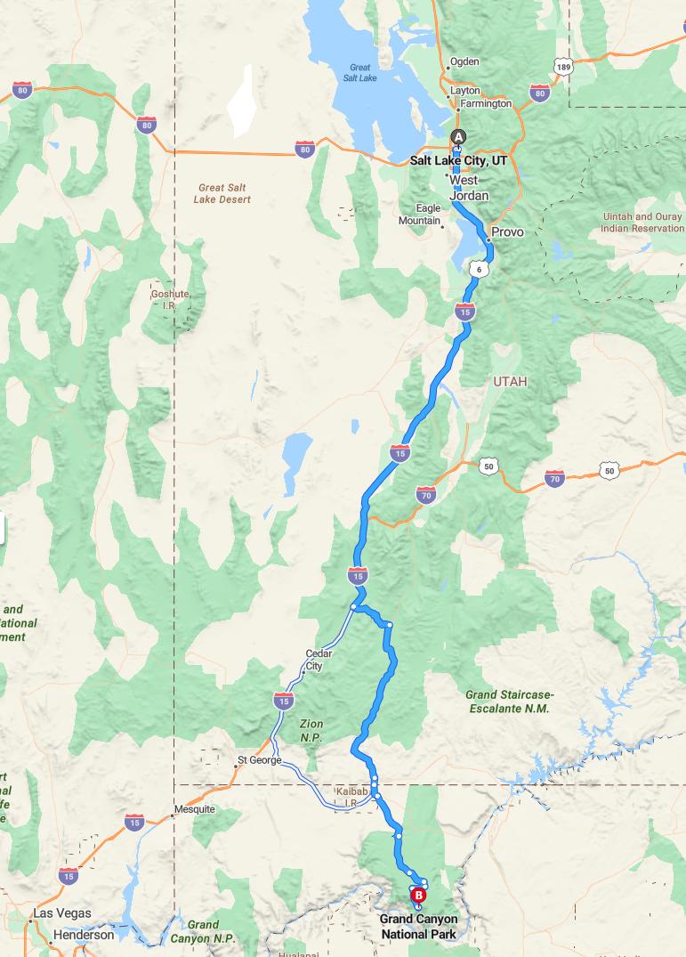 driving from Salt Lake City, Utah to Grand CanyonArizona - map and route