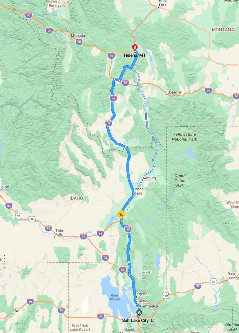 driving from Salt Lake City, Utah to HelenaMontana - map and route