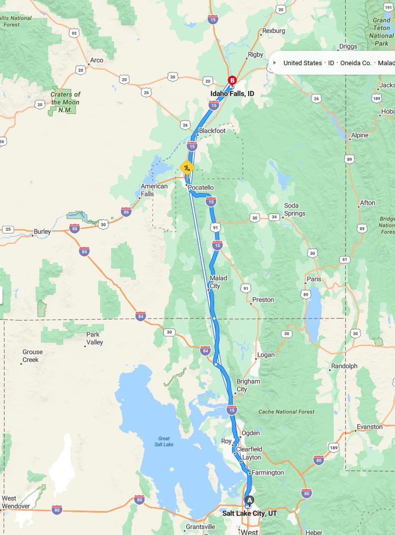 driving from Salt Lake City, Utah to Idaho FallsIdaho - map and route