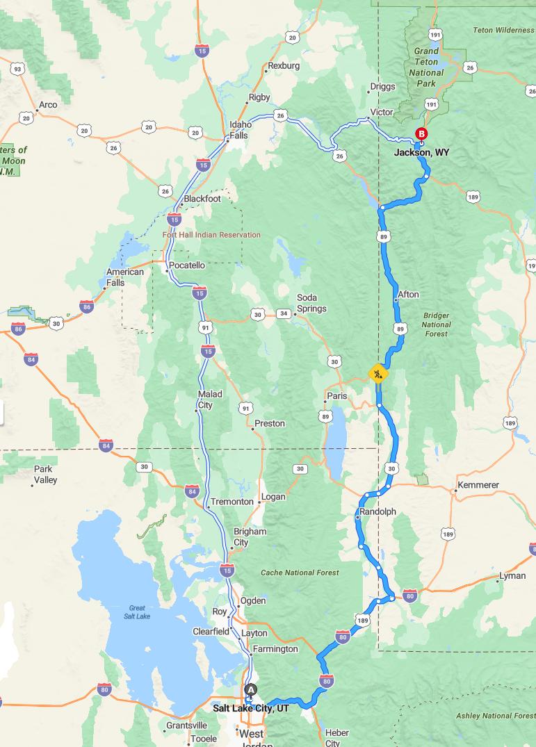 driving from Salt Lake City, Utah to JacksonWyoming - map and route