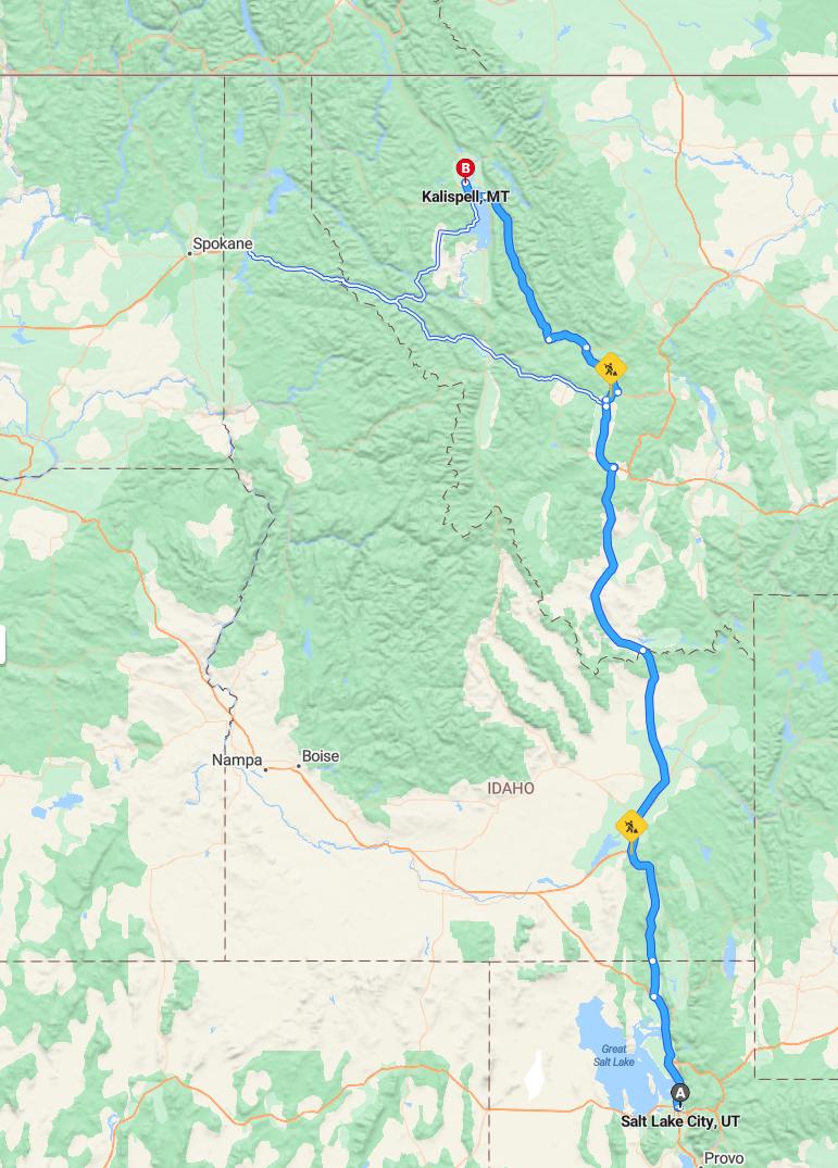 driving from Salt Lake City, Utah to KalispellMontana - map and route