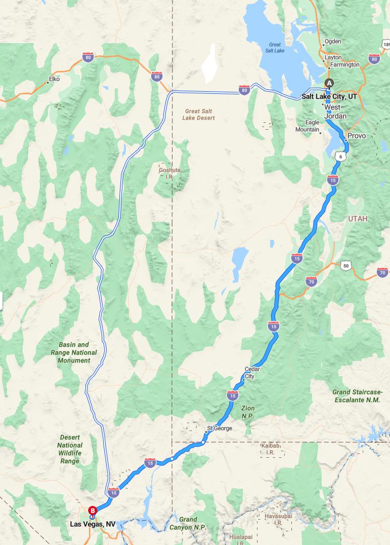 driving from Salt Lake City, Utah to Las VegasNevada - map and route