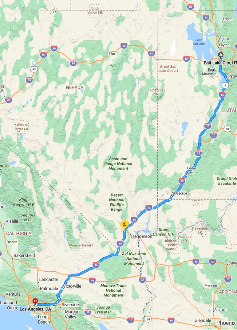driving from Salt Lake City, Utah to Los AngelesCalifornia - map and route