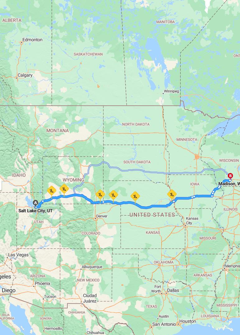 driving from Salt Lake City, Utah to MadisonWisconsin - map and route