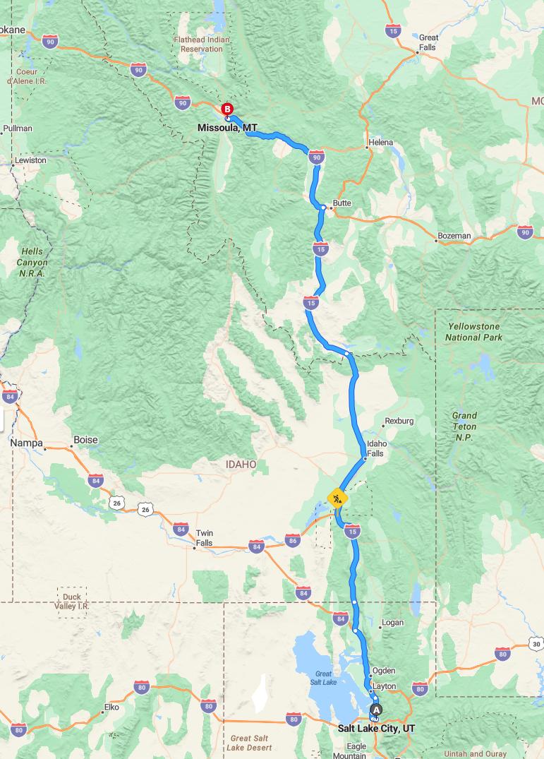 driving from Salt Lake City, Utah to MissoulaMontana - map and route