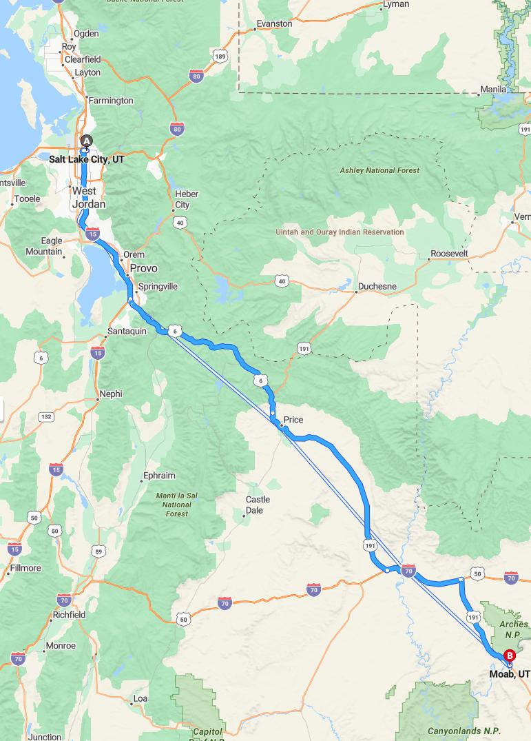 driving from Salt Lake City, Utah to MoabUtah - map and route