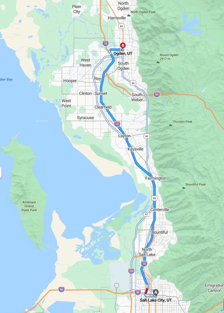 driving from Salt Lake City, Utah to OgdenUtah - map and route