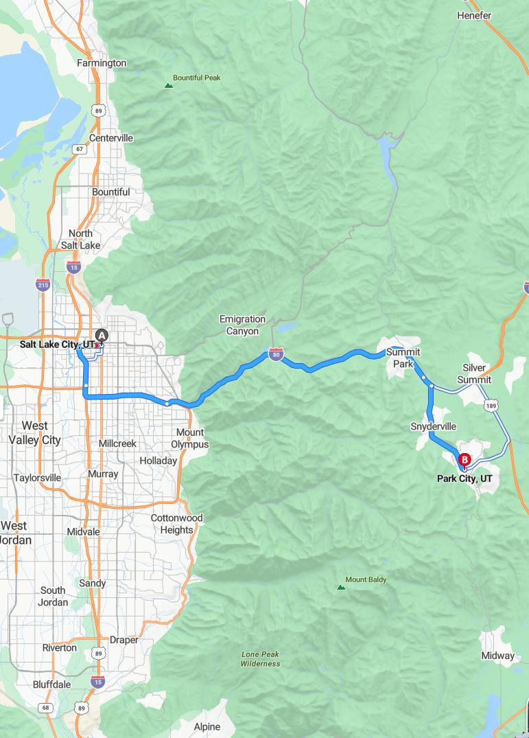 driving from Salt Lake City, Utah to Park CityUtah - map and route