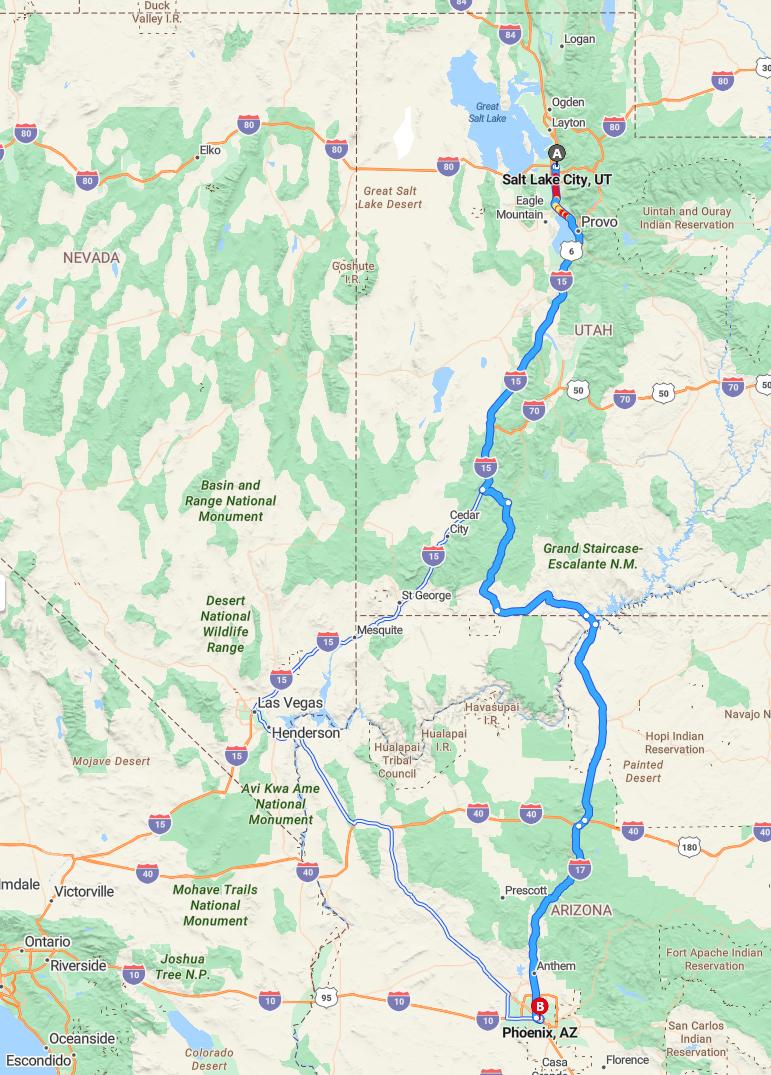 driving from Salt Lake City, Utah to PhoenixArizona - map and route