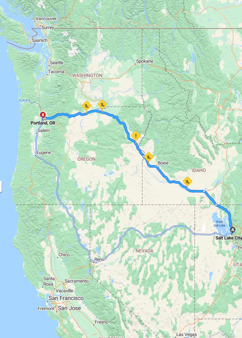 driving from Salt Lake City, Utah to PortlandOregon - map and route