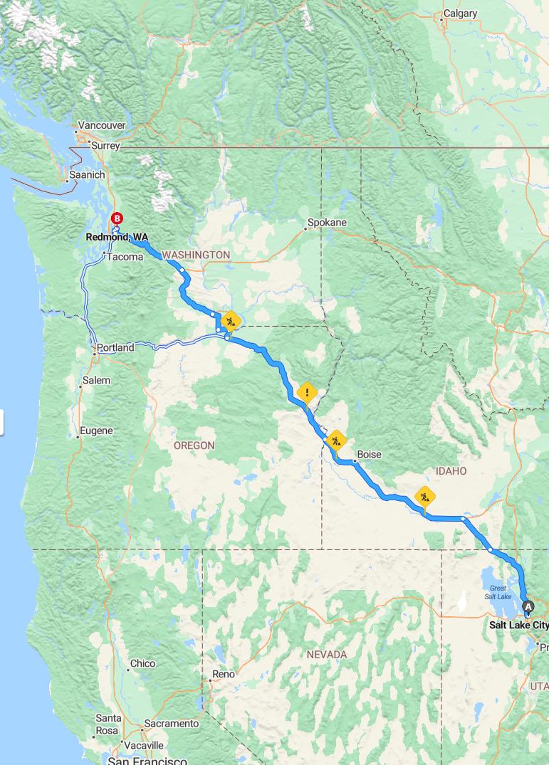 driving from Salt Lake City, Utah to RedmondWashington - map and route