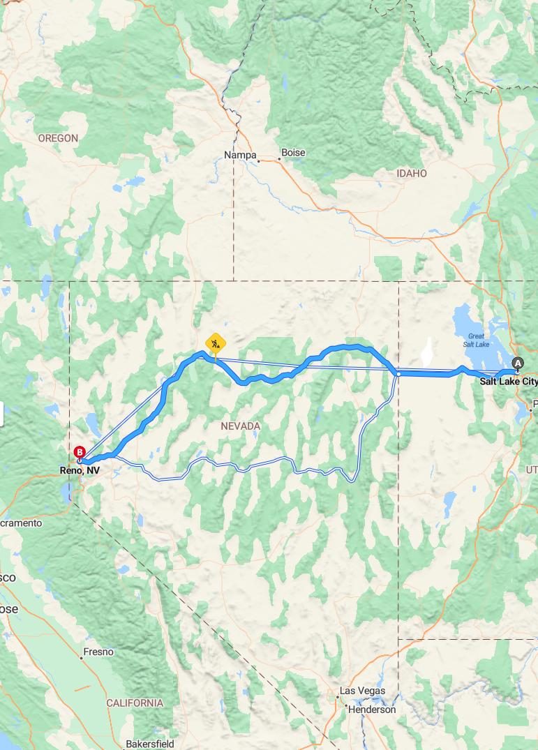 driving from Salt Lake City, Utah to RenoNevada - map and route