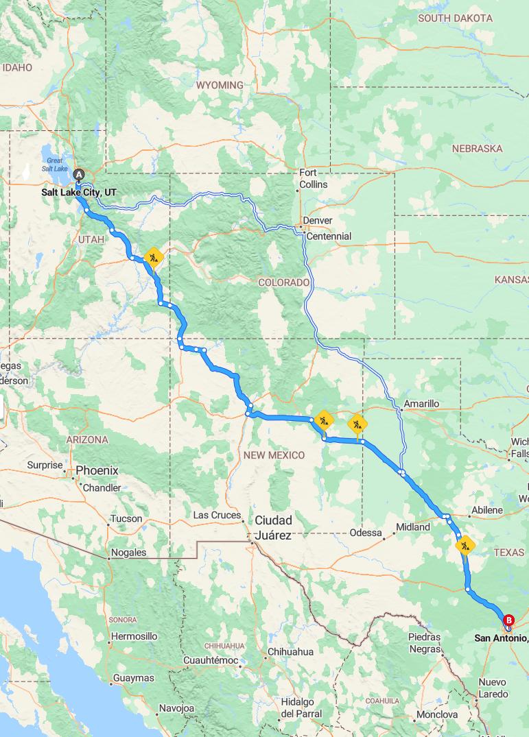 driving from Salt Lake City, Utah to San AntonioTexas - map and route