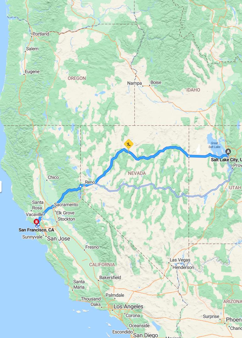 driving from Salt Lake City, Utah to San FranciscoCalifornia - map and route