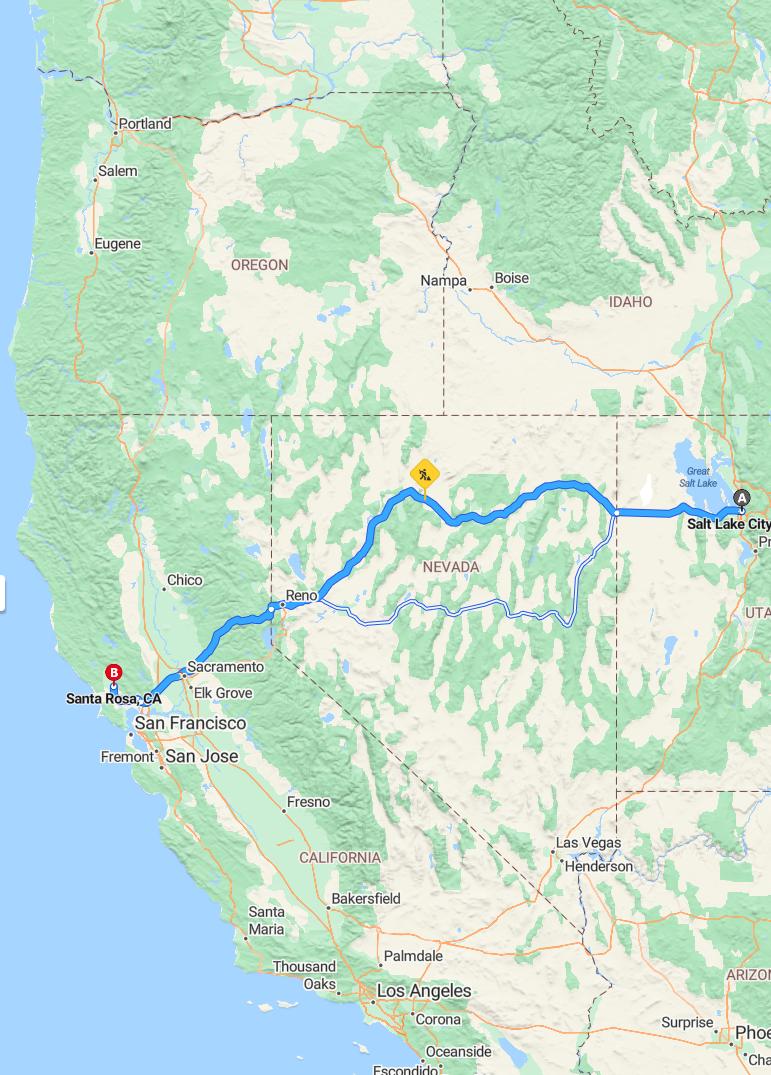 driving from Salt Lake City, Utah to Santa RosaCalifornia - map and route