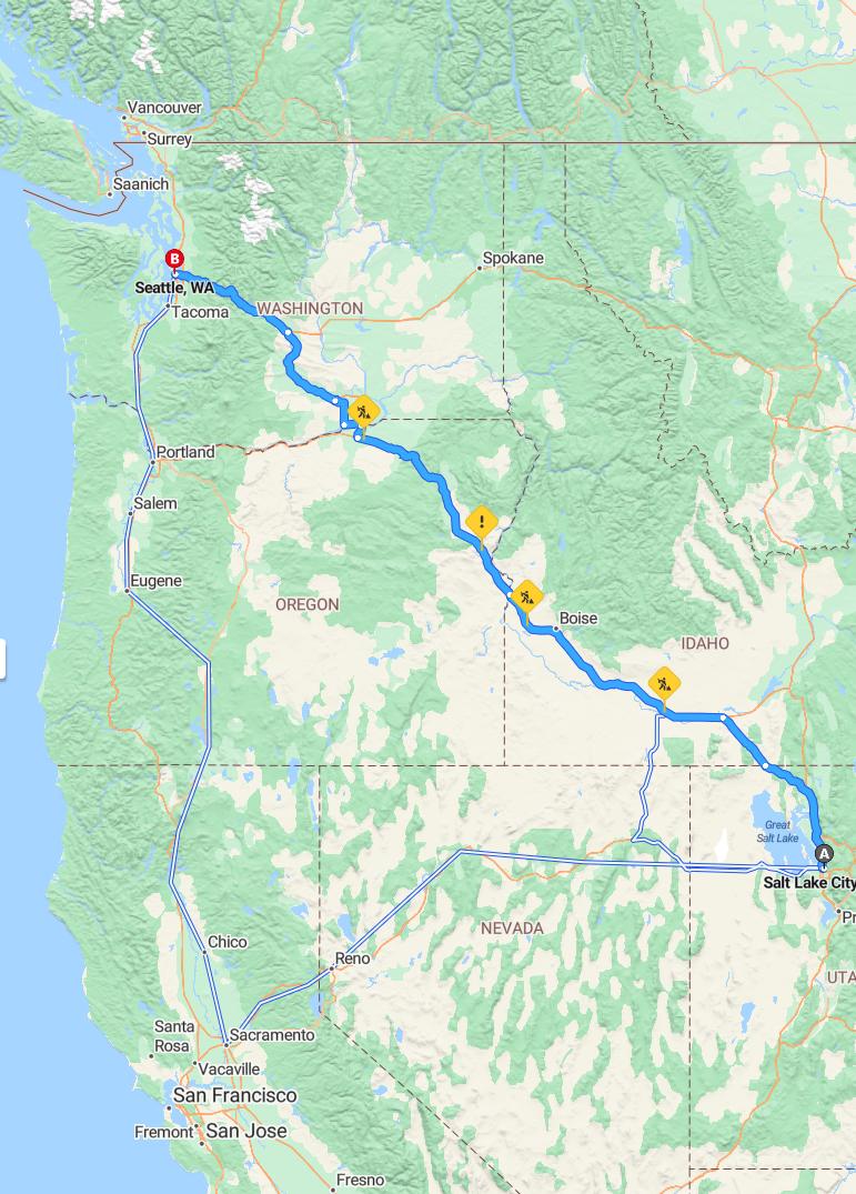 driving from Salt Lake City, Utah to SeattleWashington - map and route