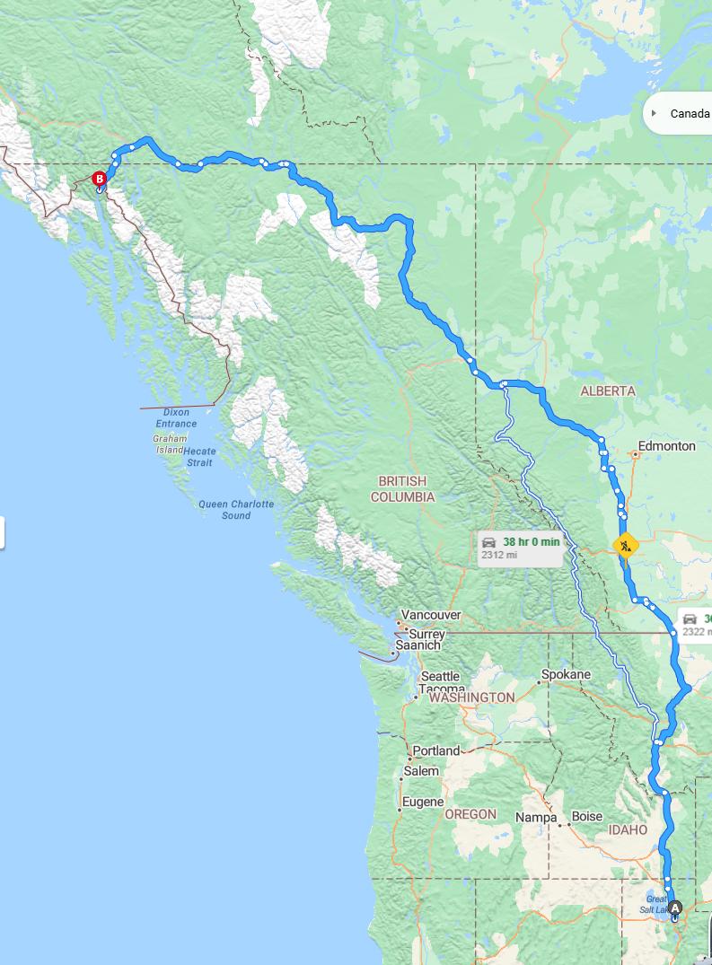 driving from Salt Lake City, Utah to SkagwayAlaska - map and route