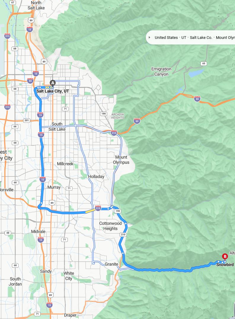 driving from Salt Lake City, Utah to SnowbirdUtah - map and route