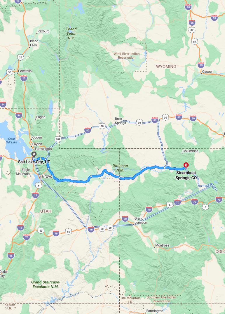 driving from Salt Lake City, Utah to Steamboat SpringsColorado - map and route
