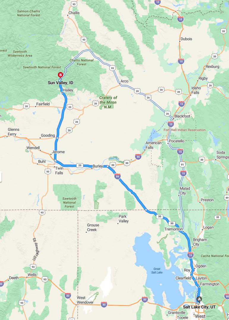 driving from Salt Lake City, Utah to Sun ValleyIdaho - map and route