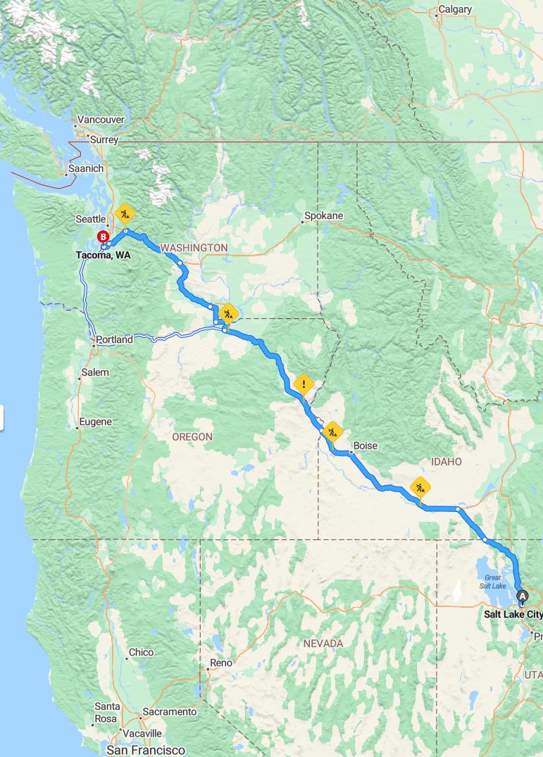 driving from Salt Lake City, Utah to TacomaWashington - map and route