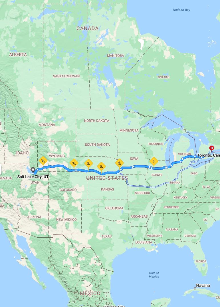 driving from Salt Lake City, Utah to TorontoOntario - map and route