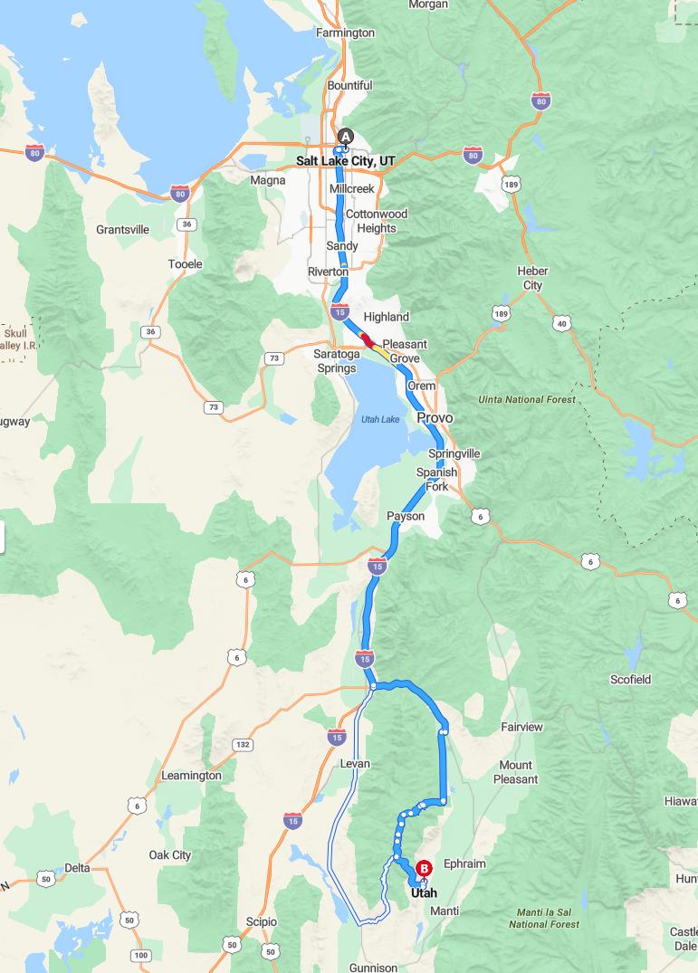 driving from Salt Lake City, Utah to -Utah - map and route
