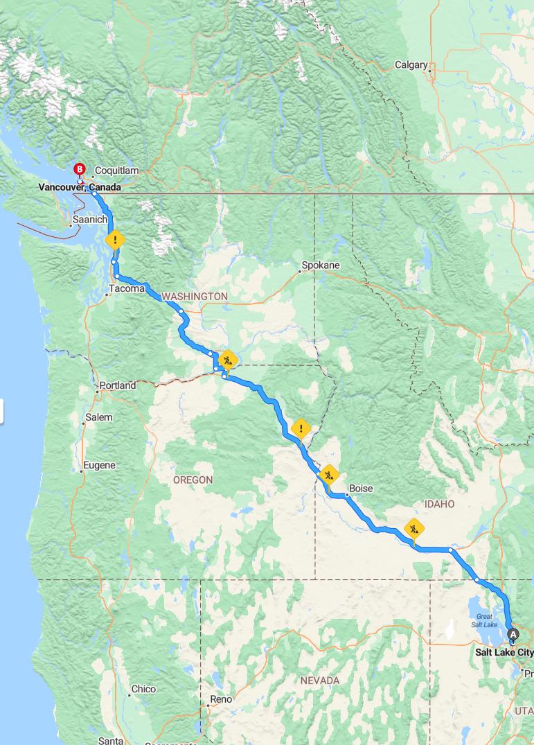 driving from Salt Lake City, Utah to VancouverBritish Columbia - map and route