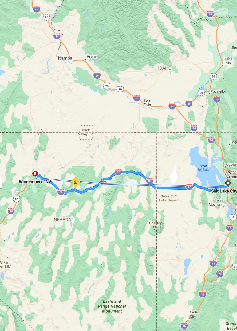 driving from Salt Lake City, Utah to WinnemuccaNevada - map and route