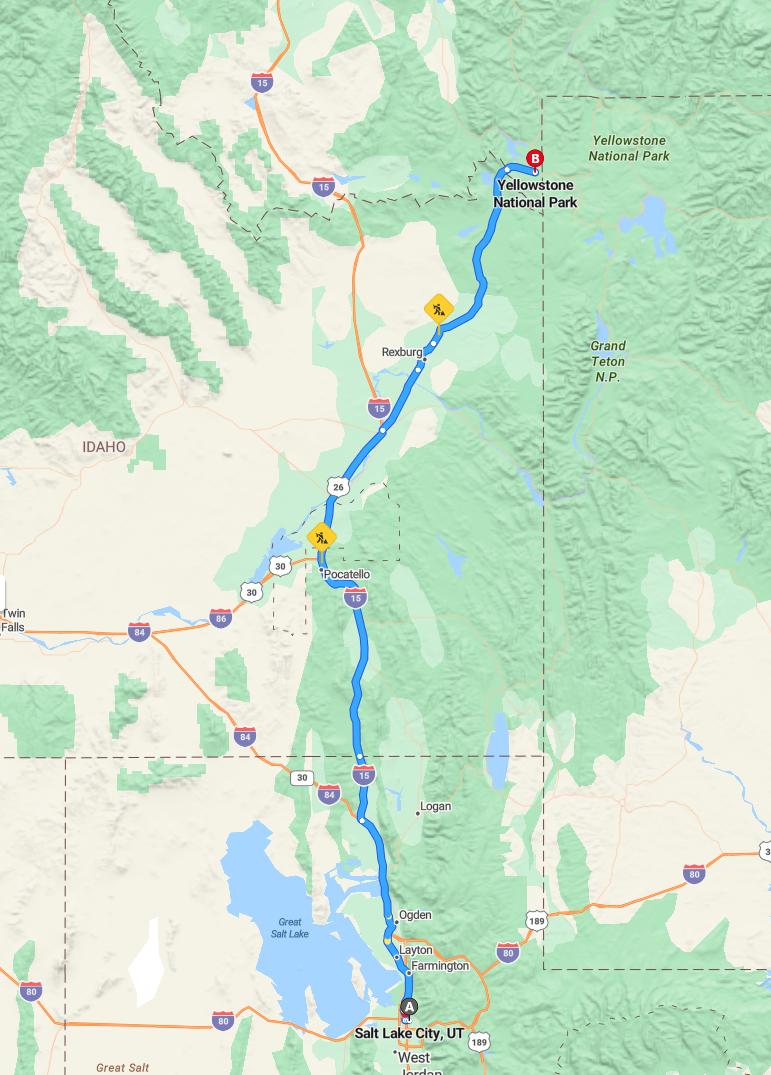 driving from Salt Lake City, Utah to YellowstoneWyoming - map and route